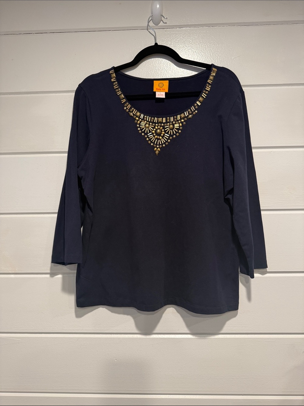 Ruby Rd. Navy 3/4 Sleeve Scoop Neck Top with Gold Embellishment. Size- XL